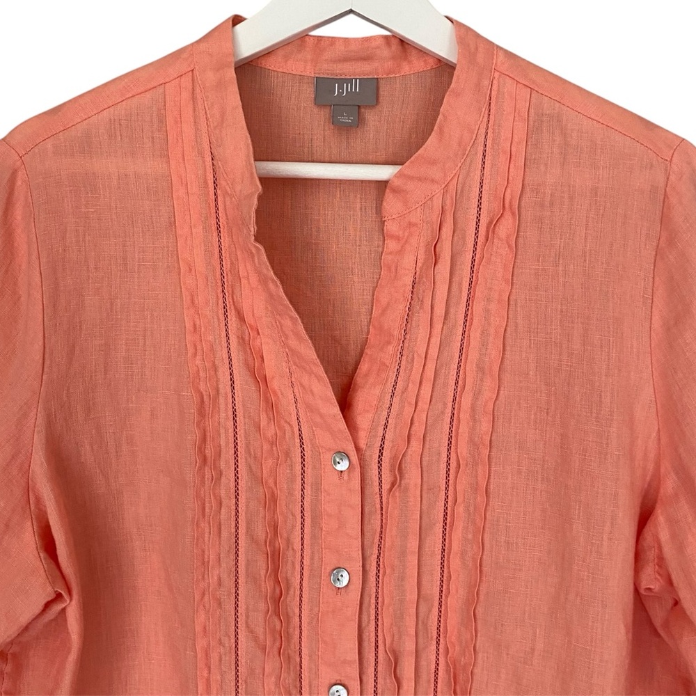 J JILL Shirt Linen Pin Tuck Button Down Tunic Long Sleeve Coral Peach Women L - Picture 2 of 12